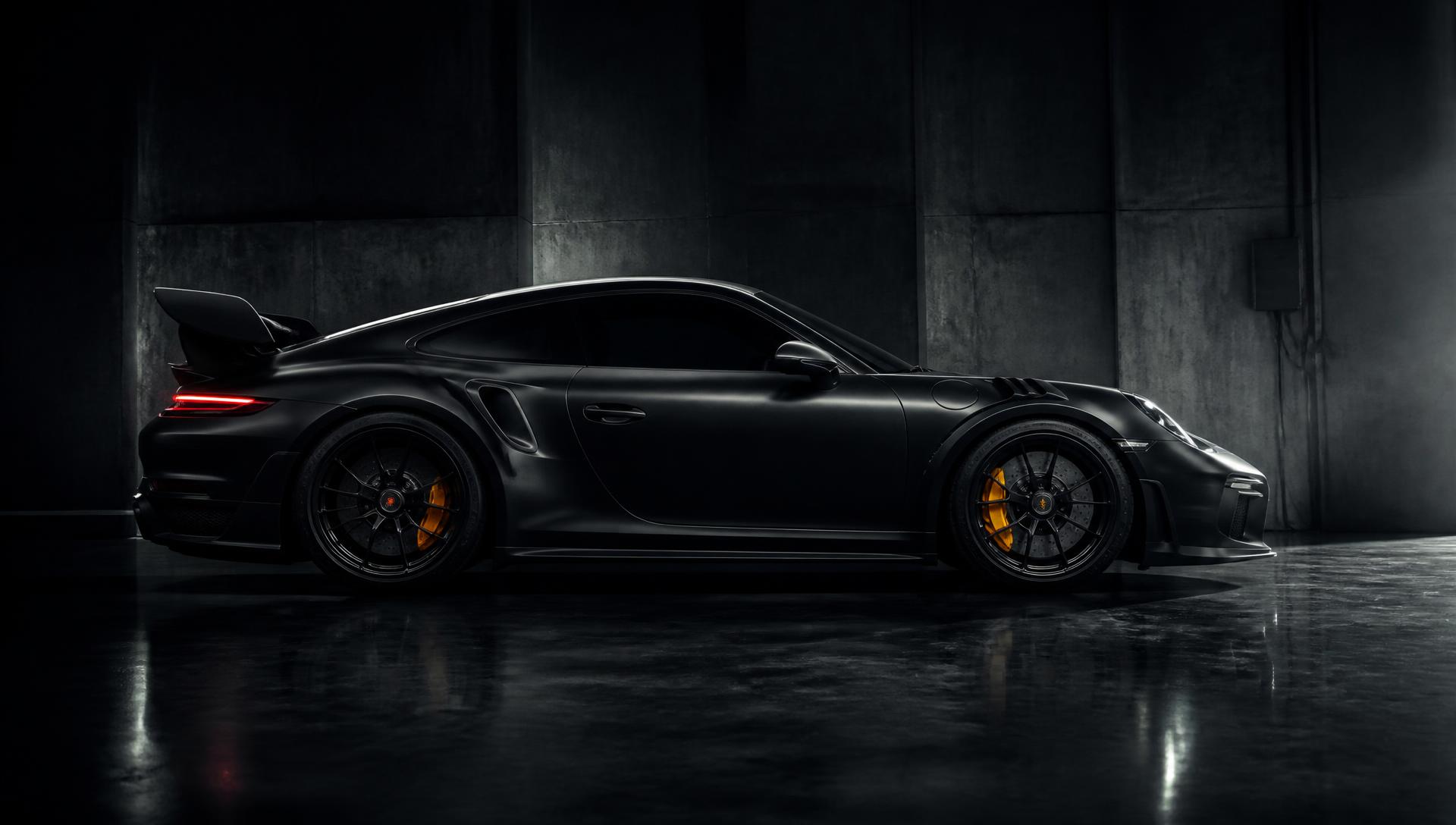 Matte black high-performance sports car in a moody concrete hangar